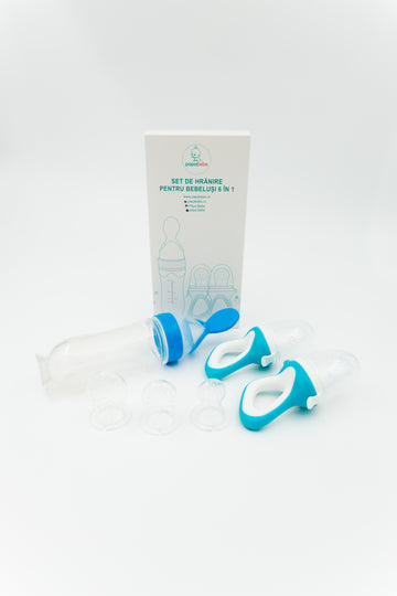 Set de hranire pentru bebelusi 6 in 1, 6 luni+, diverse culori, silicon, 21x5cm